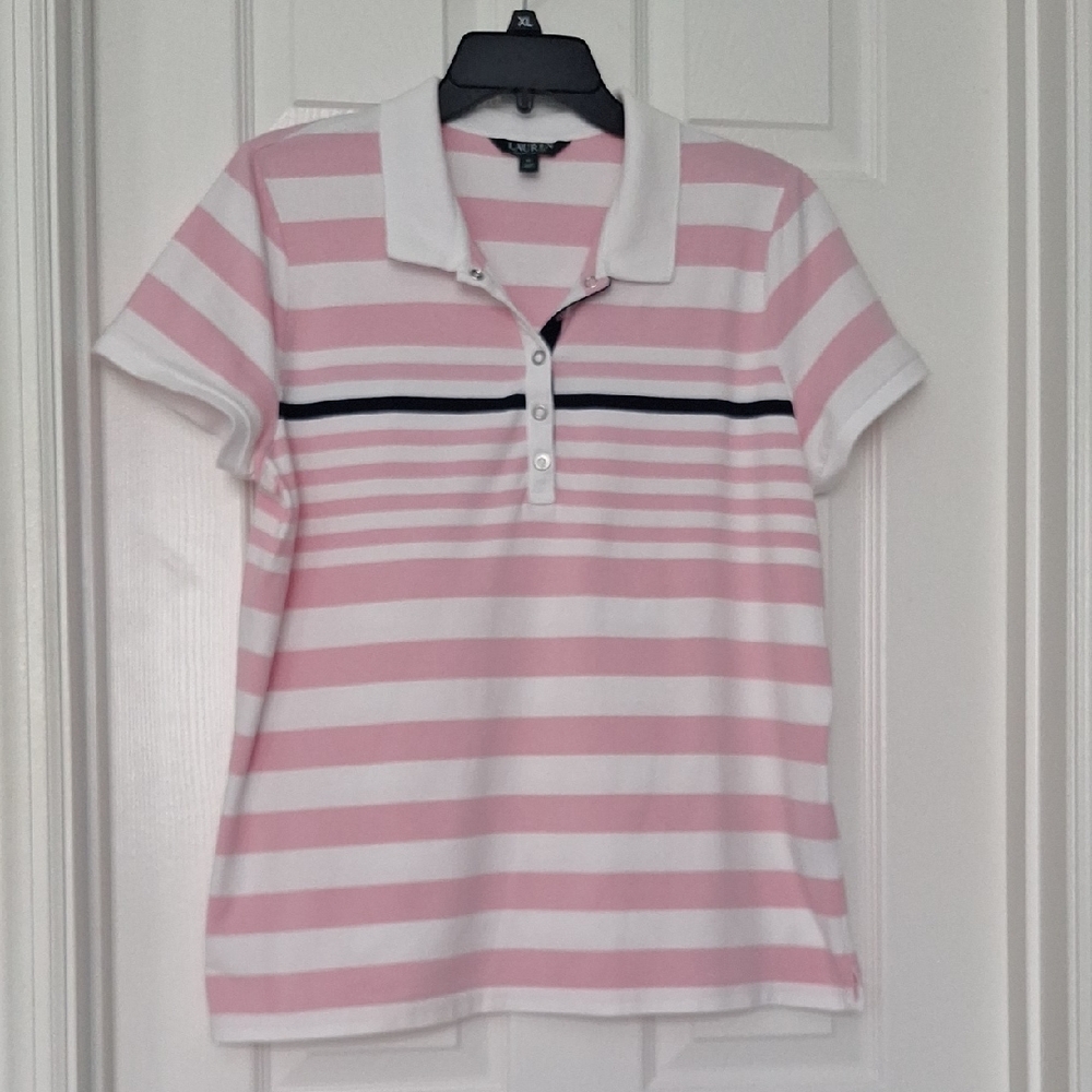 Fitted Pink and White and Navy Short Sleeve Polo Shirt